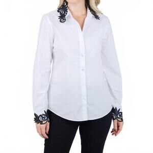 NEW SUZY T ruby button down lace collar blouse in white
